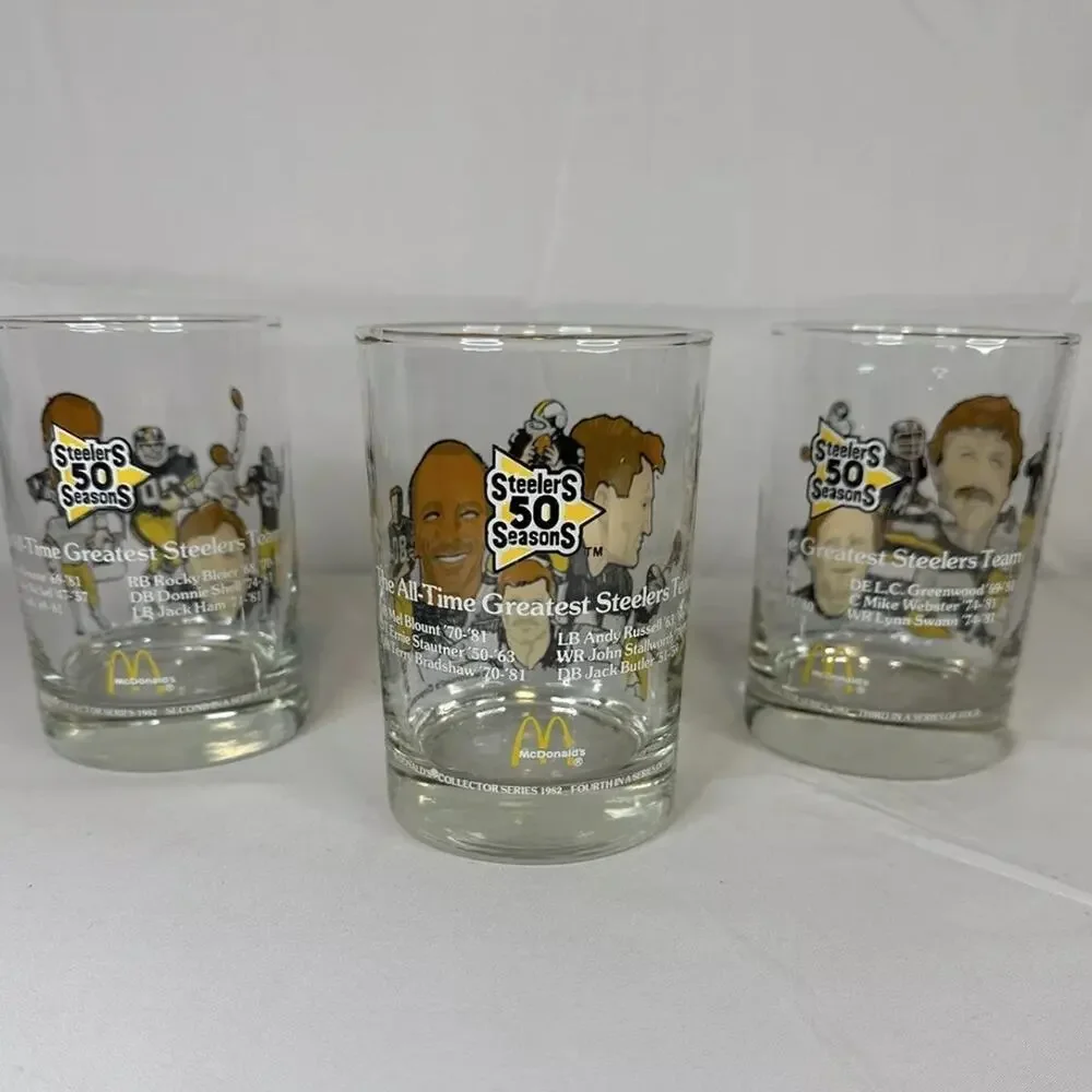 Set of (3) 1990 Pittsburgh Steelers McDonalds Hall of Fame Glass Set - EXC